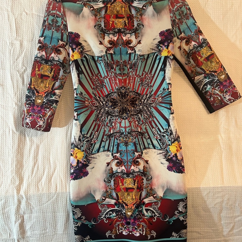 Clover Canyon Turquoise & Burgundy Baroque Print Bodycon Dress